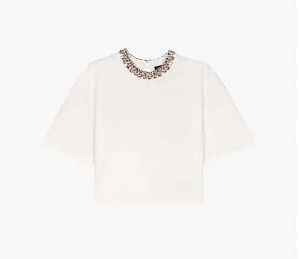 Maje Shirt Womens Medium White Rhinestone Embellished Crew Neck Jersey Top Boxy